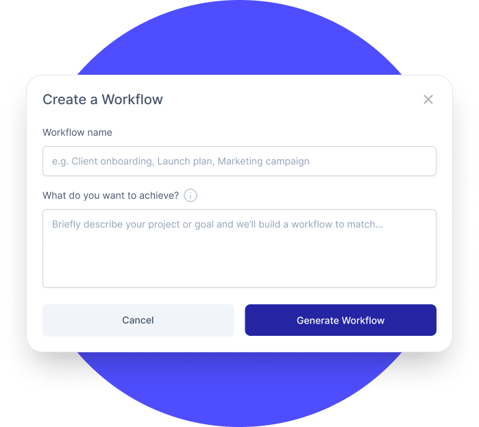 A modal that shows a user needs to type in a workflow name and an AI prompt to be generated.