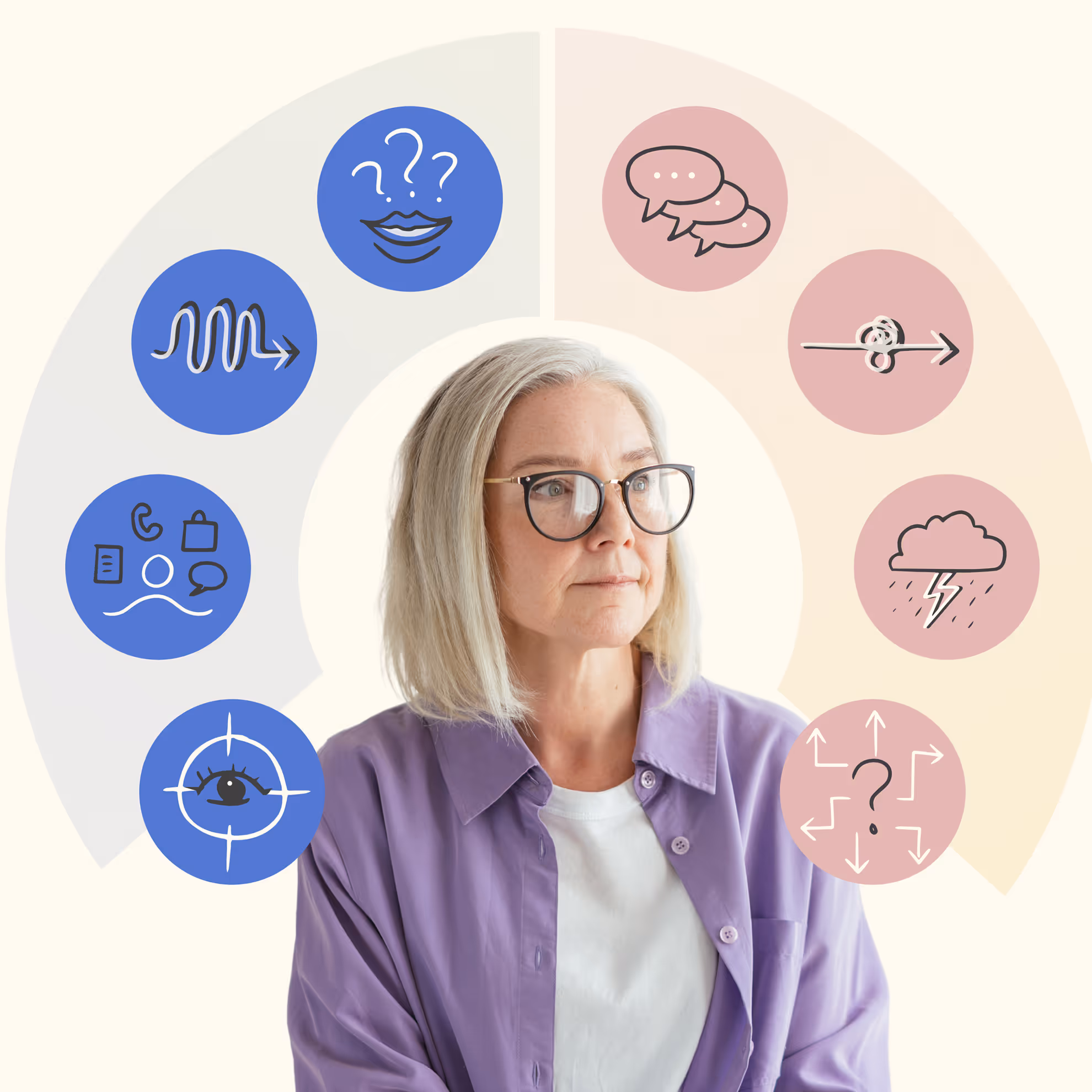 Thoughtful woman with glasses surrounded by blue and pink icons symbolizing communication and confusion.