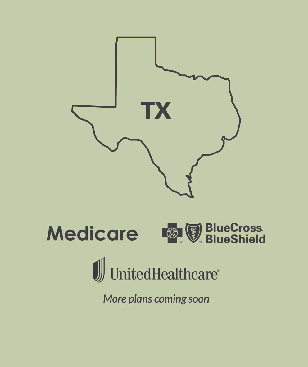 Outline of Texas with TX inside and logos of Medicare, BlueCross BlueShield, UnitedHealthcare, and note on more plans soon.