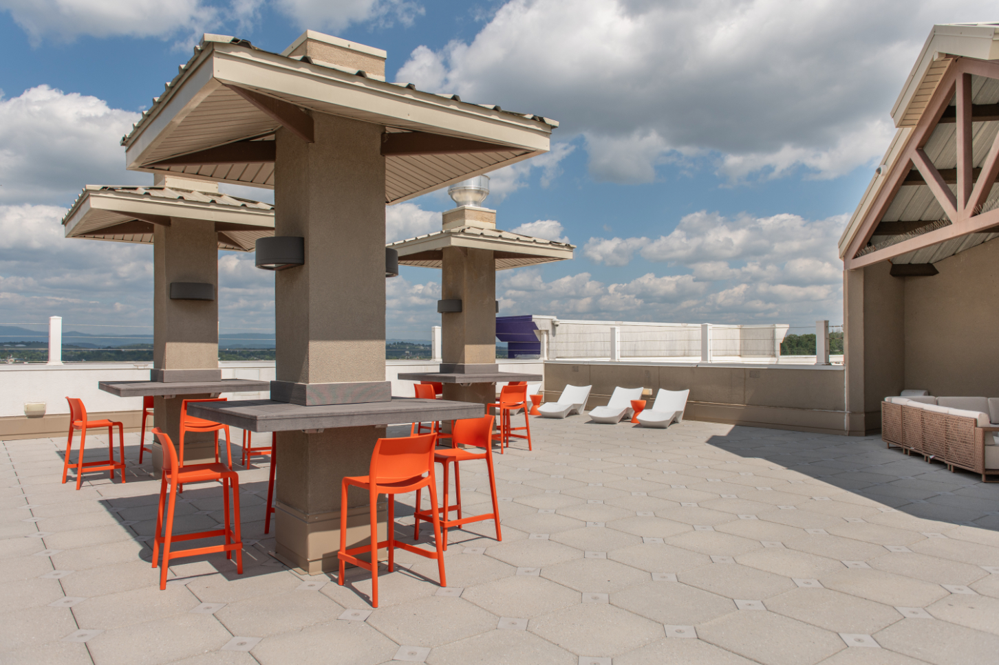 Outdoor lounge area with covered seating