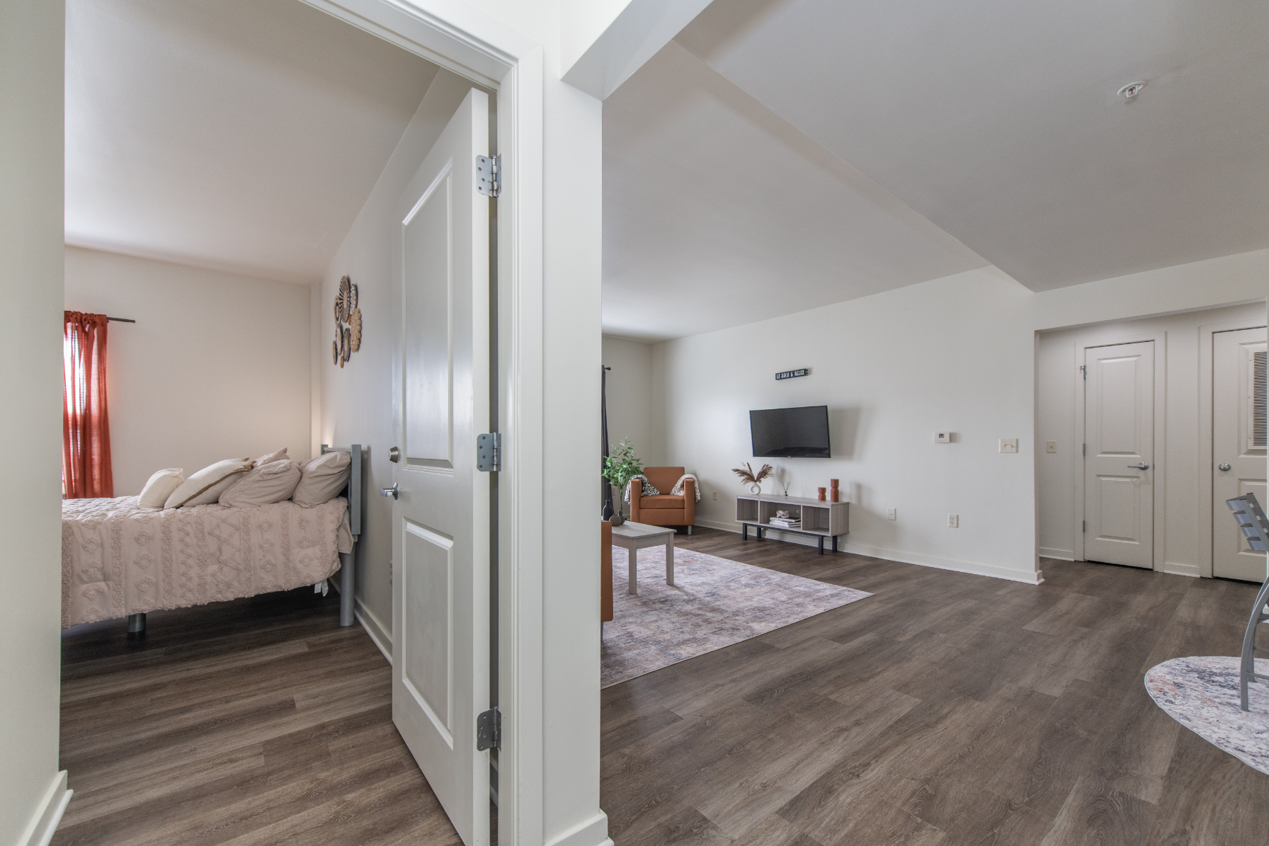 View from hallway into bedroom and living area 