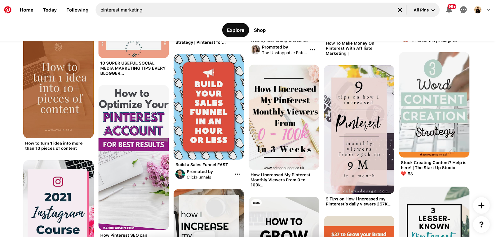 pins in a pinterest search for pinterest marketing