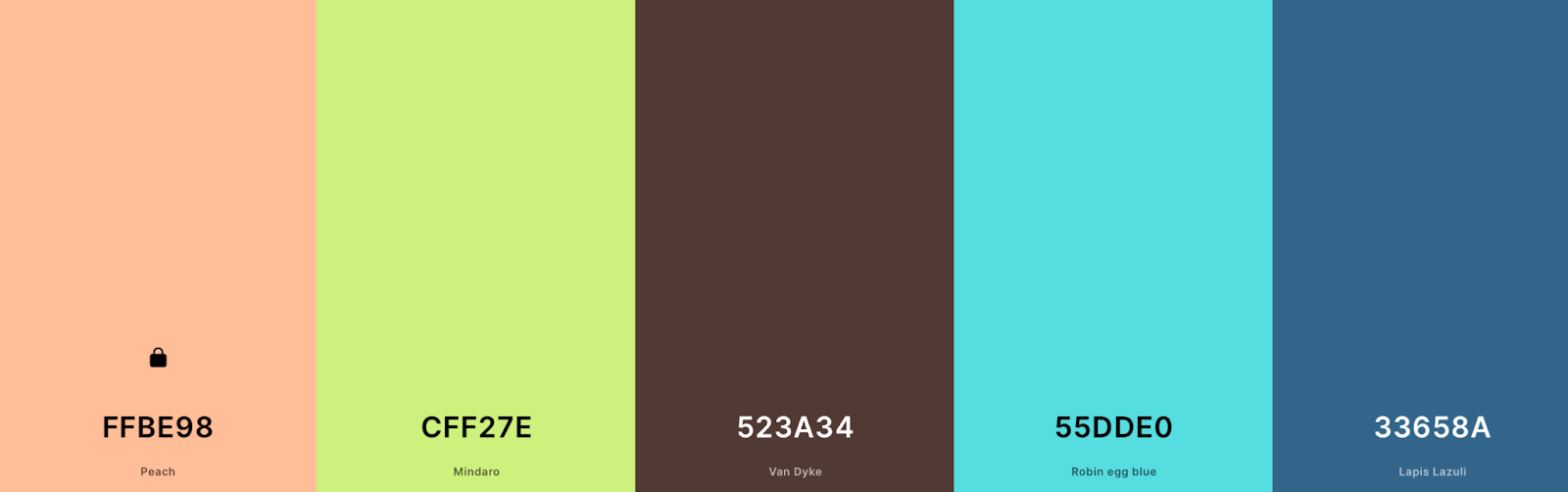 color palette ffbe98, cff27e, 52a34, 55dde0, and 33658A