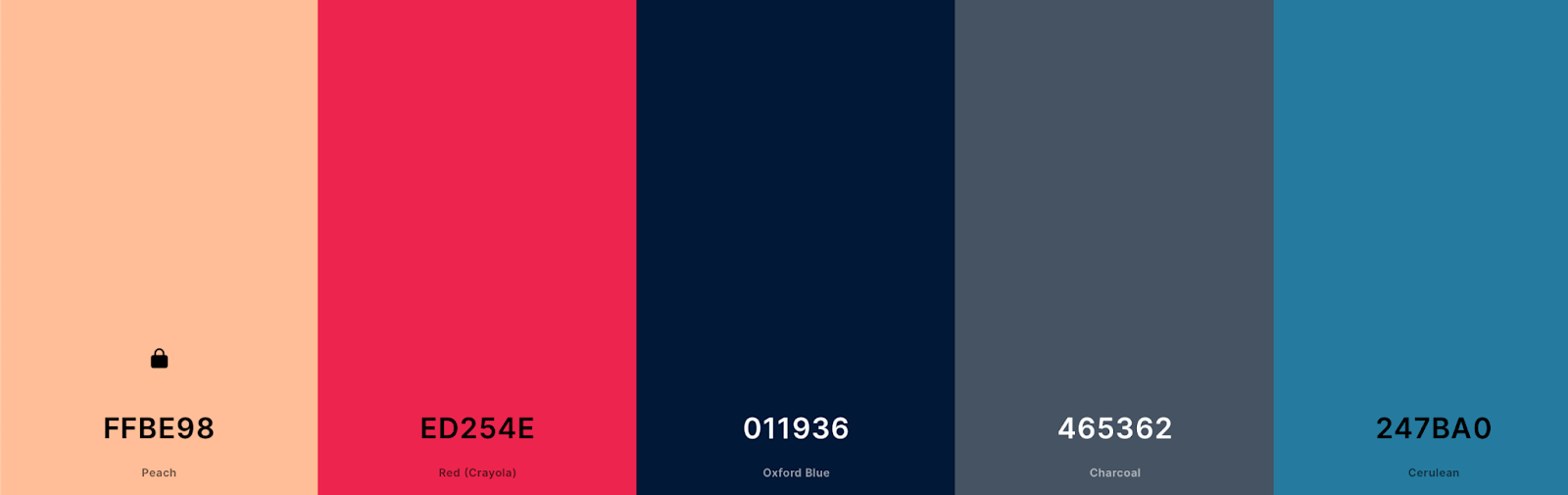 colors FFBE98, ED354E, 011936, 456362, and 247BA0