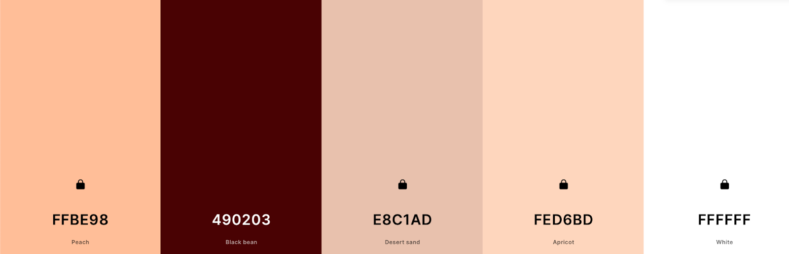 color pallette with FFBE98, 490203, E8c1AD, FED6BD, FFFFFF
