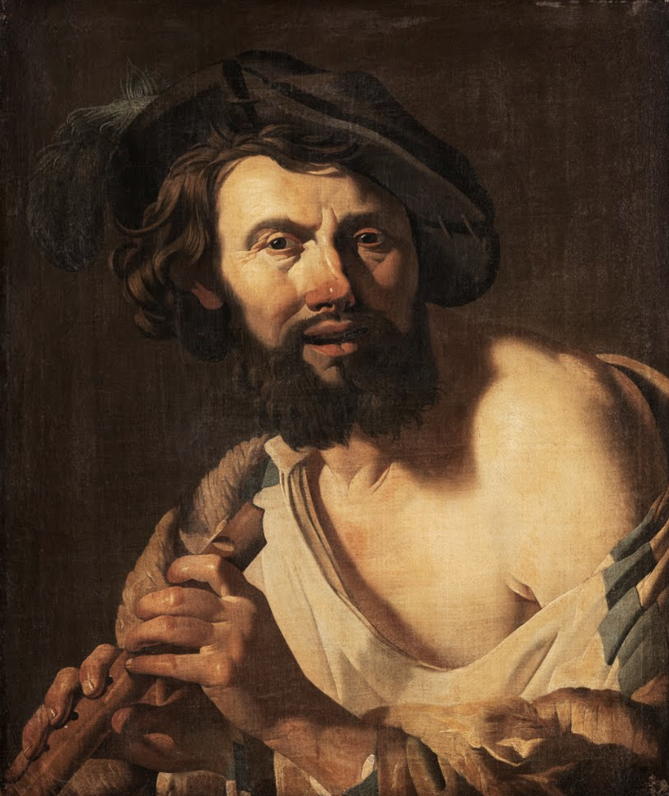oil painting of man with peachy skin holding a flute