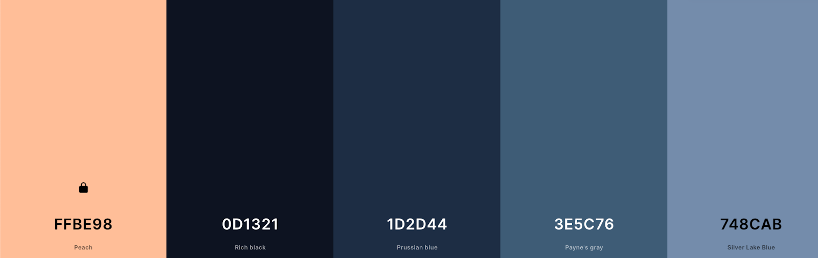 color palette with FFBE98, 0D1321, 1D2D44, 3E5C76 and 748CAB