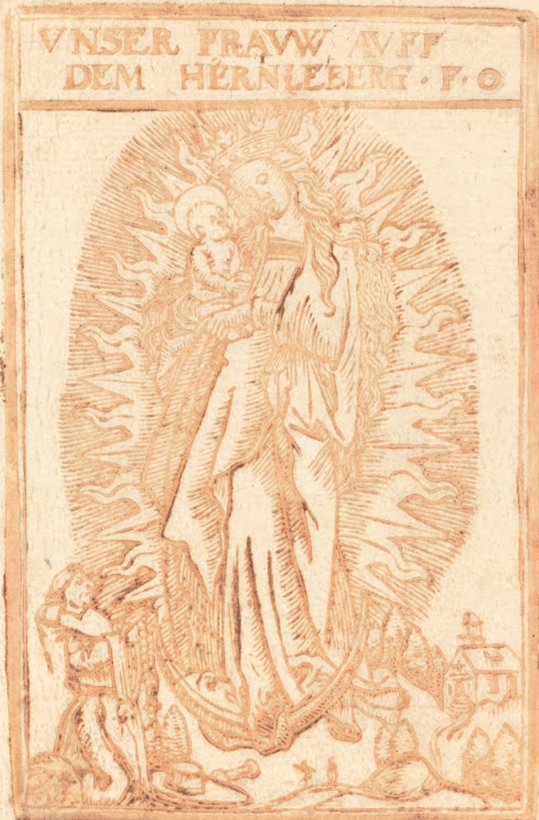 orange ink wood cut print of madonna and child