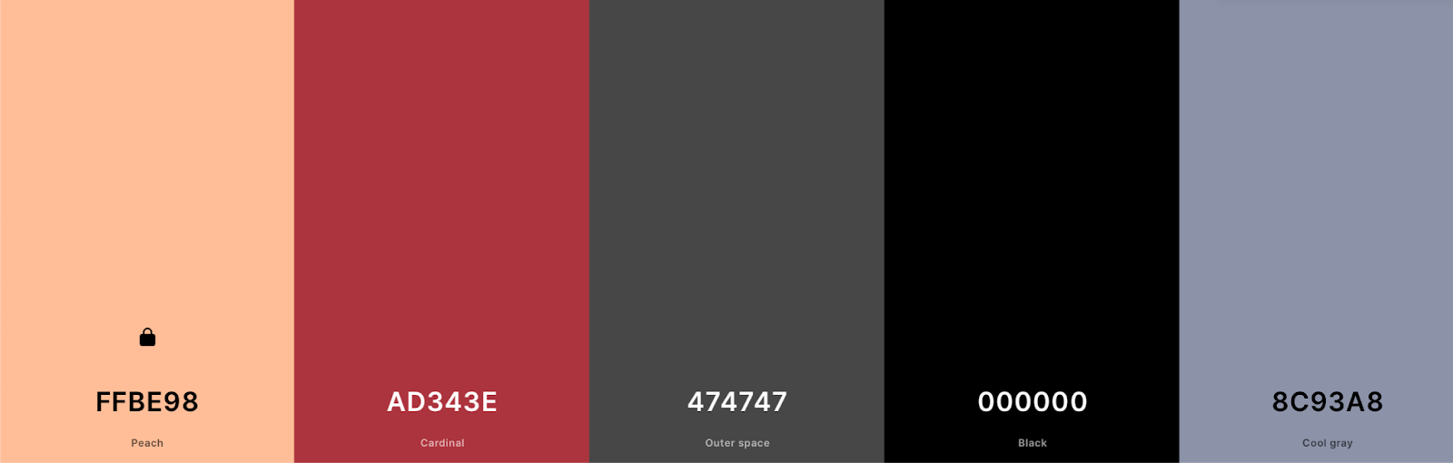 hex colors FFBE98, AD343E, 474747, 000000, and 8C93A8