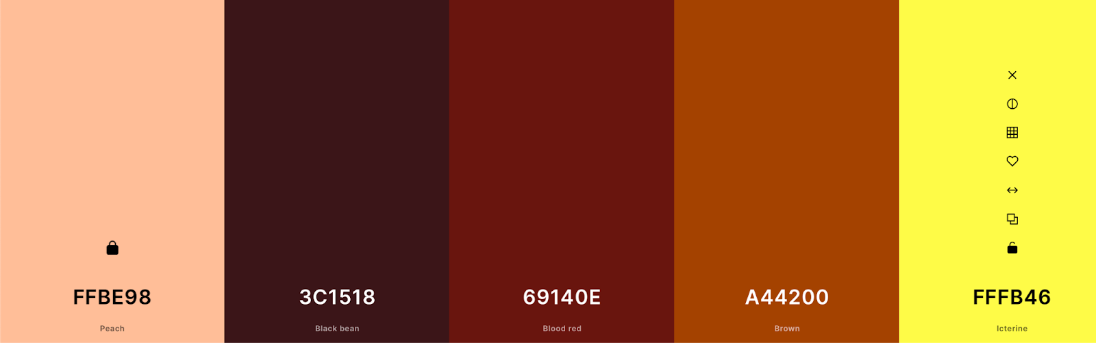 color palette with retro combination of ffbe98, 3c1518. 69140E, A44200, FFFB46