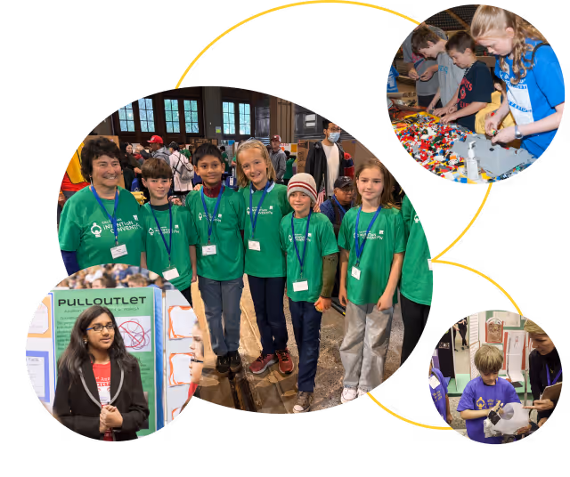 A Decorative image comprised of multiple images. Kids building with lego, working on their inventions, posing as a group with our President as well as presenting their invention.