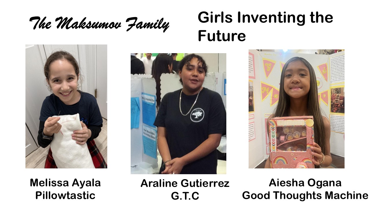 Picture of Camilla Gutierrez standing next to her invention: Tubi Tooth Brush / Picture of Melissa Baltazar standing in front of her invention board: Scop Florbrush / Picture of Luna Ramirez holding up her invention: Lunanax