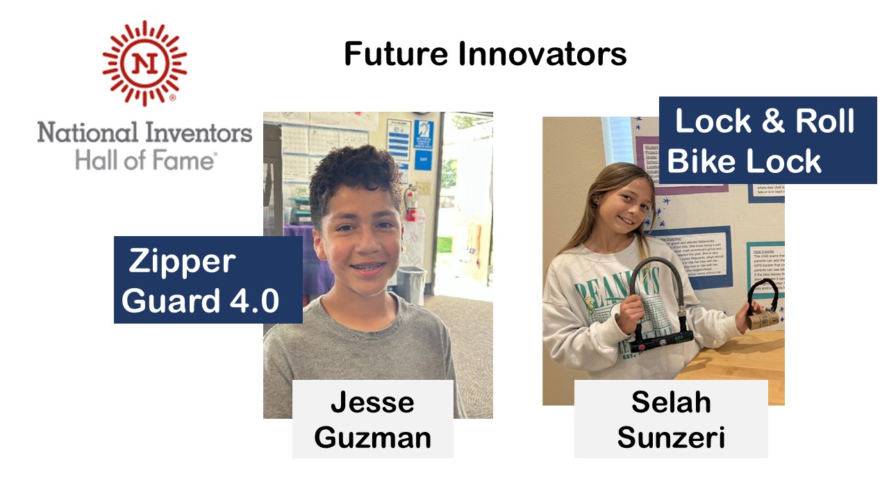 Picture of Camilla Gutierrez standing next to her invention: Tubi Tooth Brush / Picture of Melissa Baltazar standing in front of her invention board: Scop Florbrush / Picture of Luna Ramirez holding up her invention: Lunanax