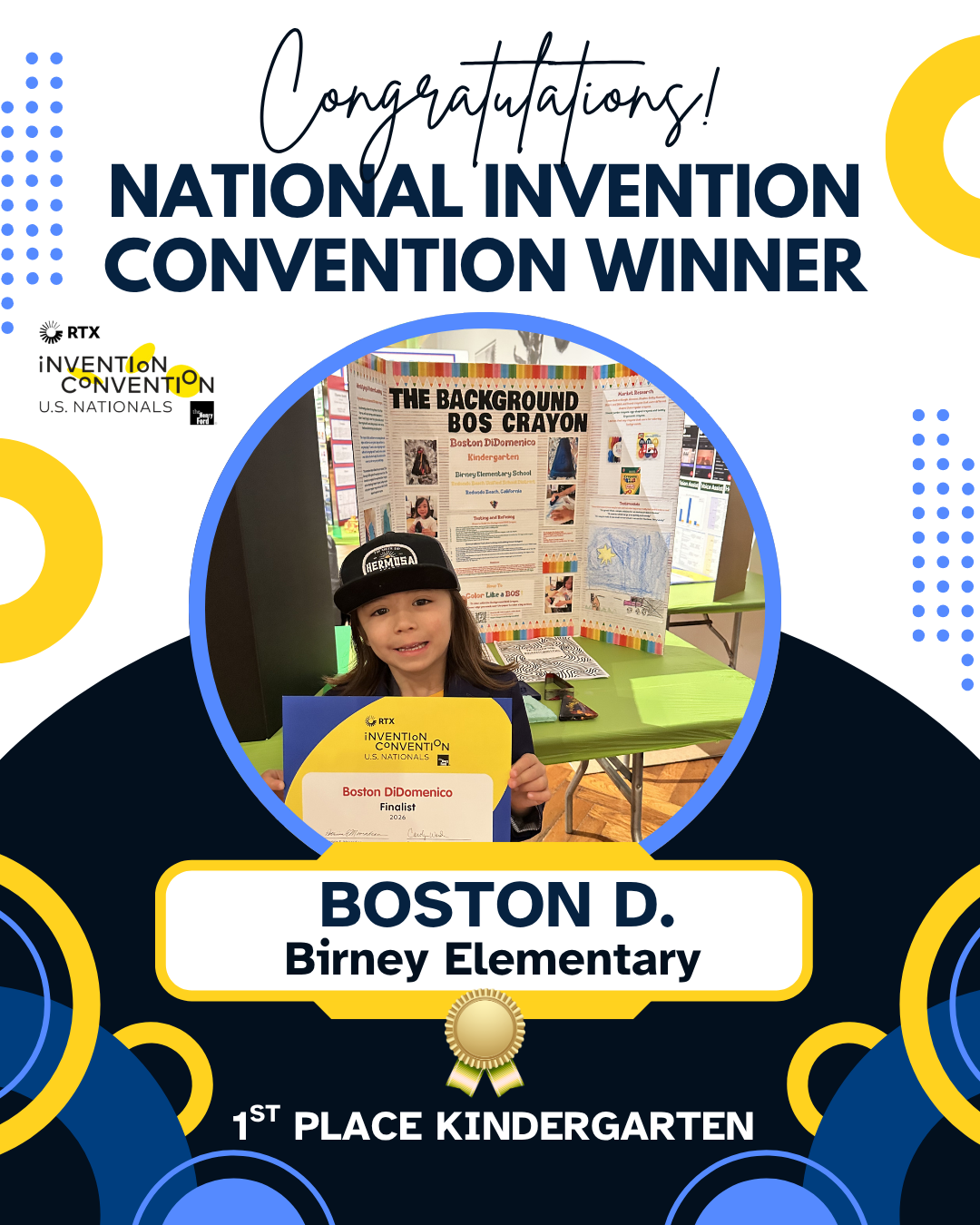 National Winner / Olivia Redmore / Washington Elementary / 1st Place in Kindergarten / Invention: Marker Saver