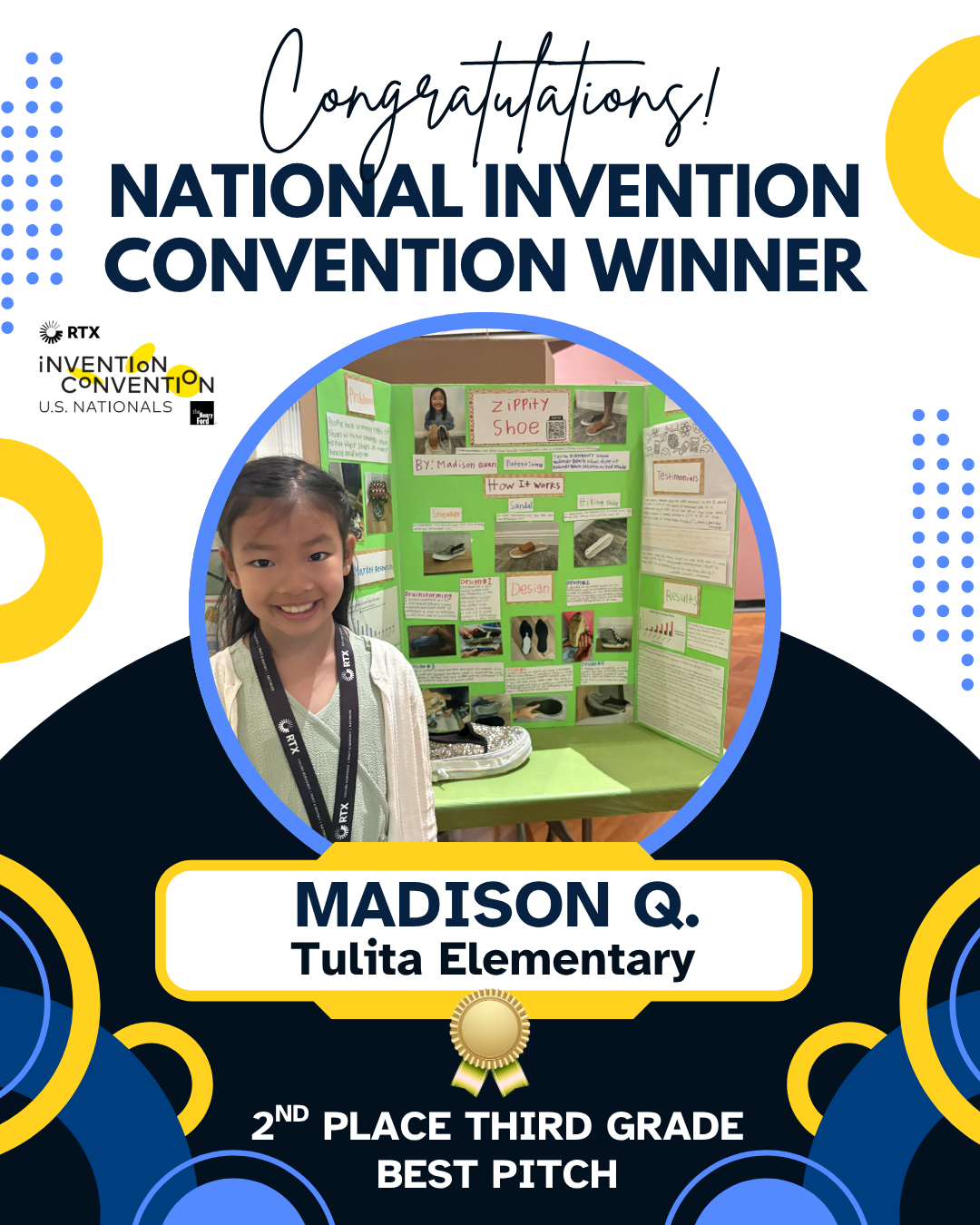 National Winner / Madison Quan / Tulita Elementary School / 1st Place in Second Grade / Industry Innovation Award: Consumer Goods & Fashion / Invention: Piggy Back Suitcase Straps