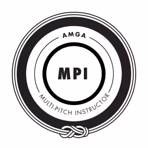 AMGA Multi-Pitch Instructor logo featuring circular design with rope knot at the bottom.