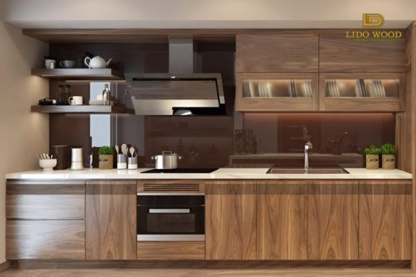 Tủ bếp được làm từ gỗ Veneer Óc Chó
