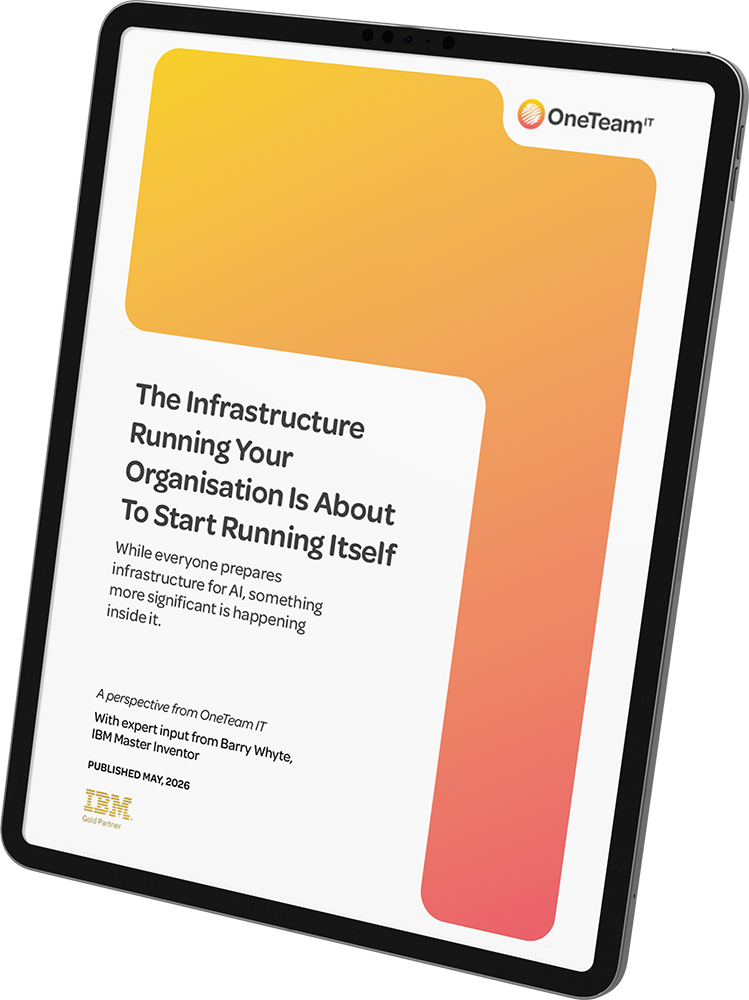 Tablet showing a OneTeam IT ebook cover about AI infrastructure running organizations.