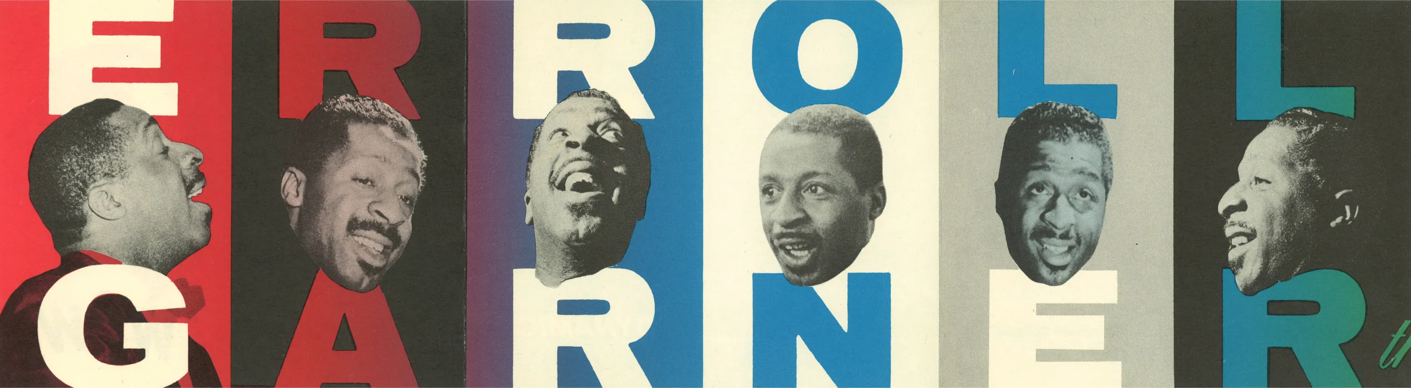Black and white portraits of Erroll Garner's face arranged within bold colorful letters spelling his name.