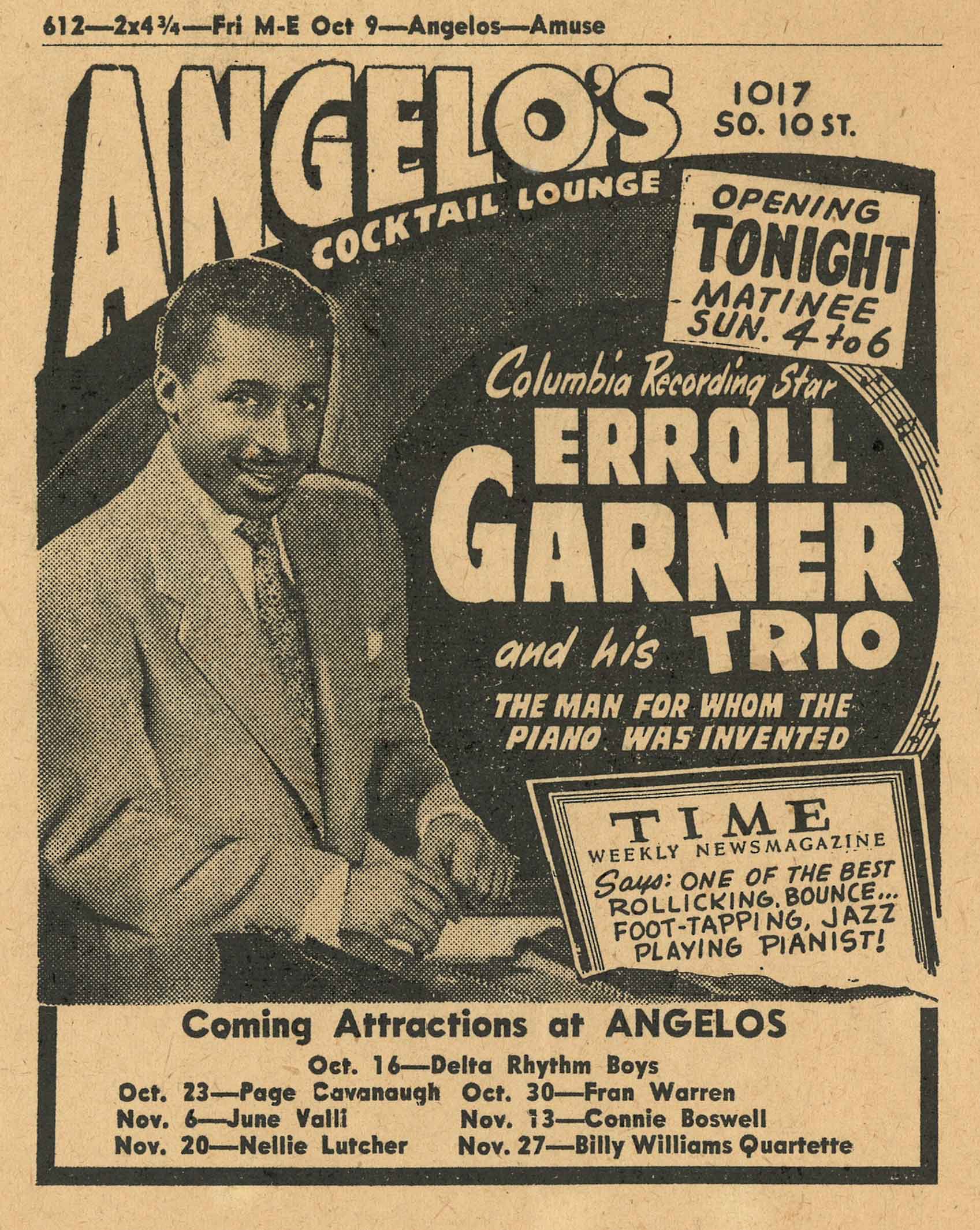Vintage newspaper ad for Angelo's Cocktail Lounge featuring Columbia recording star Erroll Garner and his trio, with endorsements from Time magazine and list of upcoming acts.