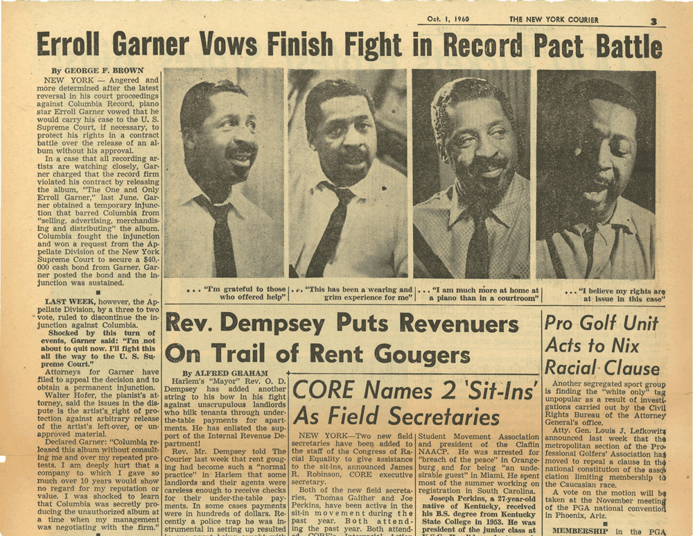 Vintage newspaper page from The New York Courier dated Oct. 1, 1960, with headline about Erroll Garner's legal fight and photos of Garner with quotes underneath each photo.
