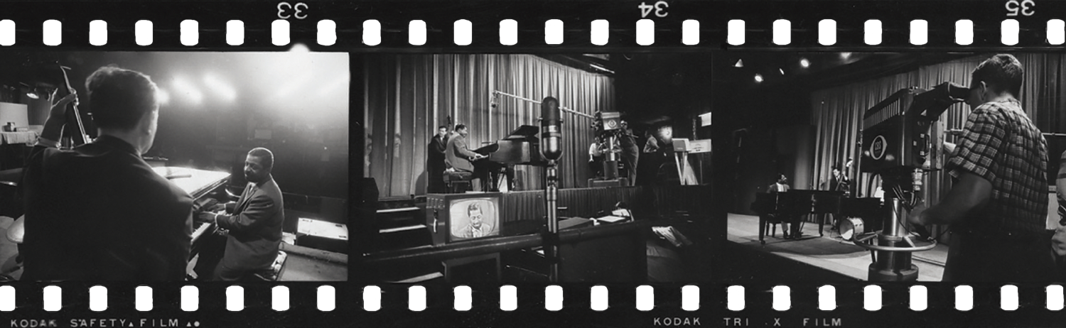 Black and white photo strip showing a jazz band recording session with musicians playing piano and double bass, and a cameraman filming the performance on stage.