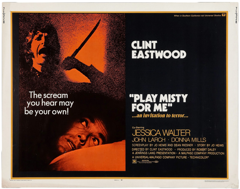 Vintage movie poster for 'Play Misty for Me' starring Clint Eastwood, featuring a man holding a knife and a fearful man lying down, with tagline 'The scream you hear may be your own!'