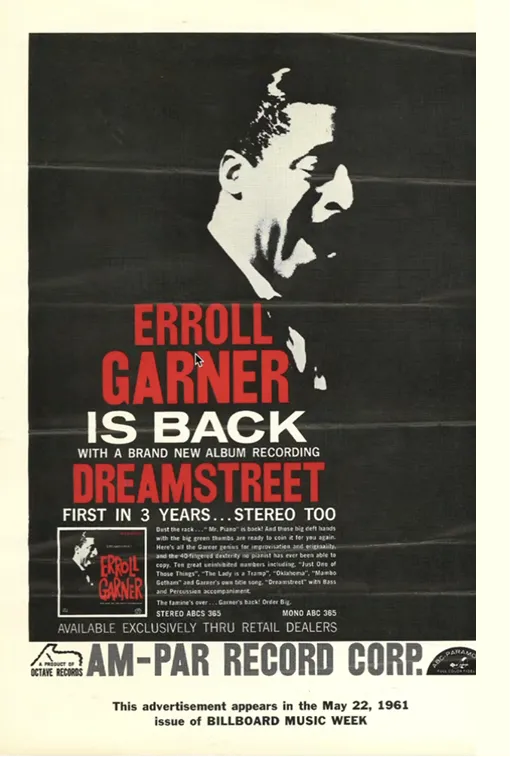 Vintage advertisement for Erroll Garner's new album recording 'Dreamstreet' released in 1961, featuring a black and white silhouette of Garner's face and promotional text in red and white.