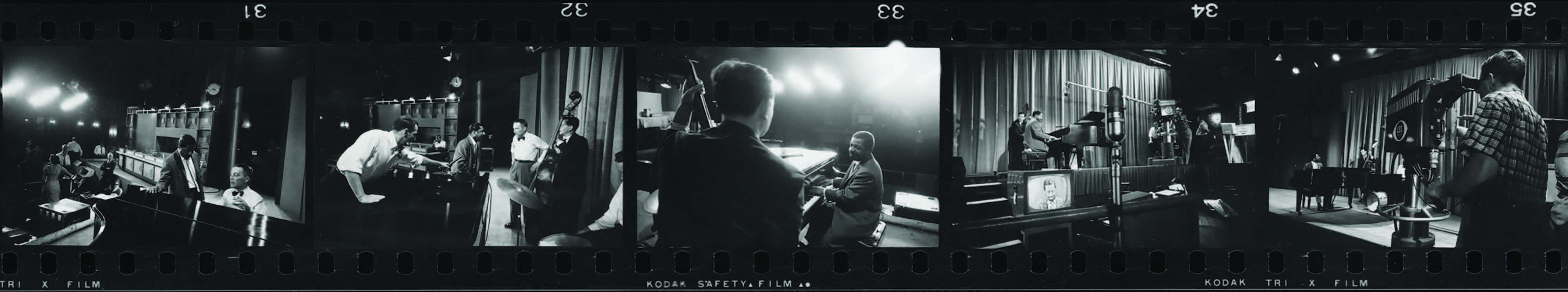 Black and white filmstrip showing various scenes of a jazz band performing on a TV set with musicians, technicians, and cameras.