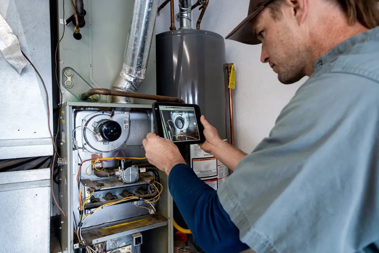 Technician using tablet to inspect internal components of furnace or water heater system