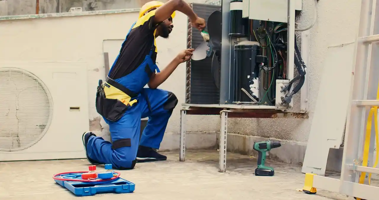 Man in uniform repairing an HVAC unit.