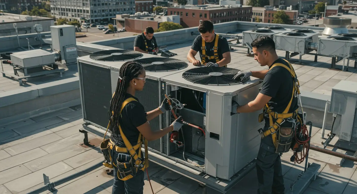 HVAC technician working on a rooftop unit.