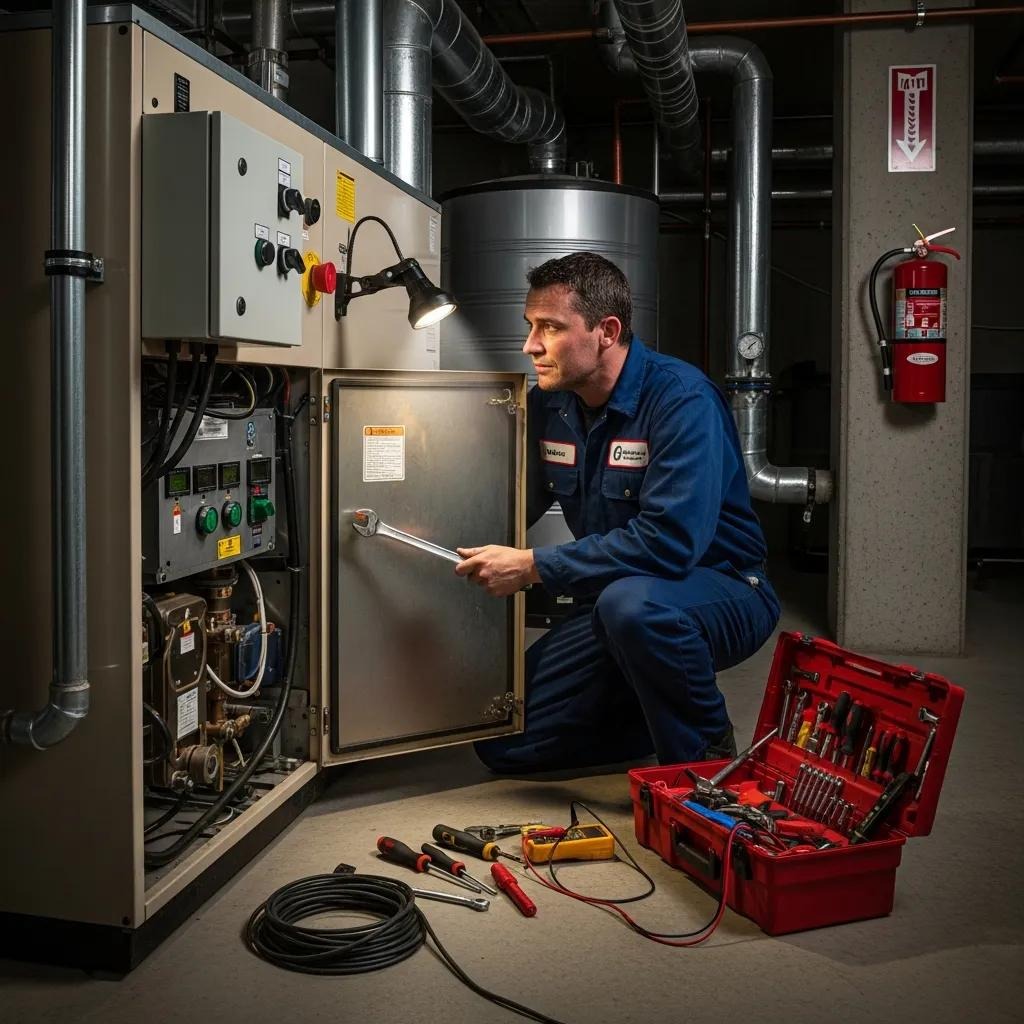 Technician performing emergency heating repair in a commercial building