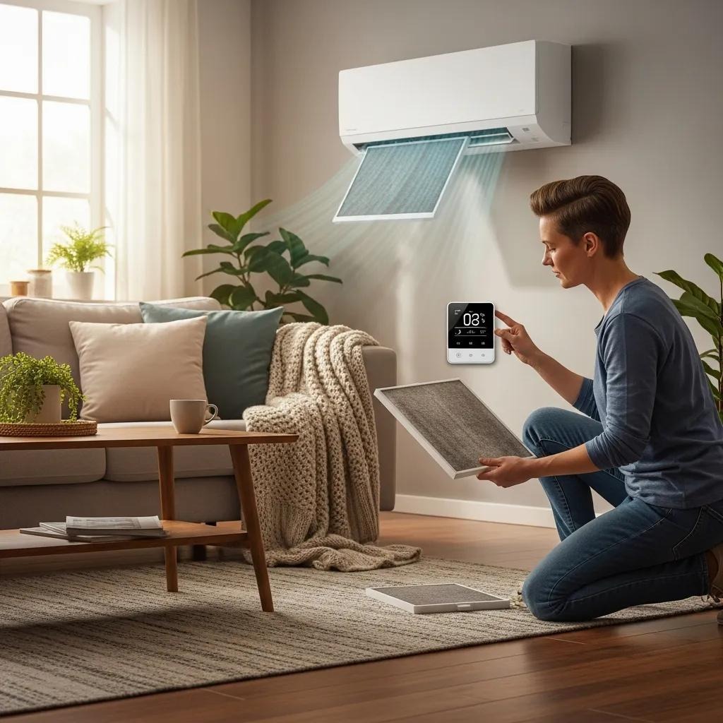 Homeowner checking thermostat and inspecting air filters for heat pump efficiency