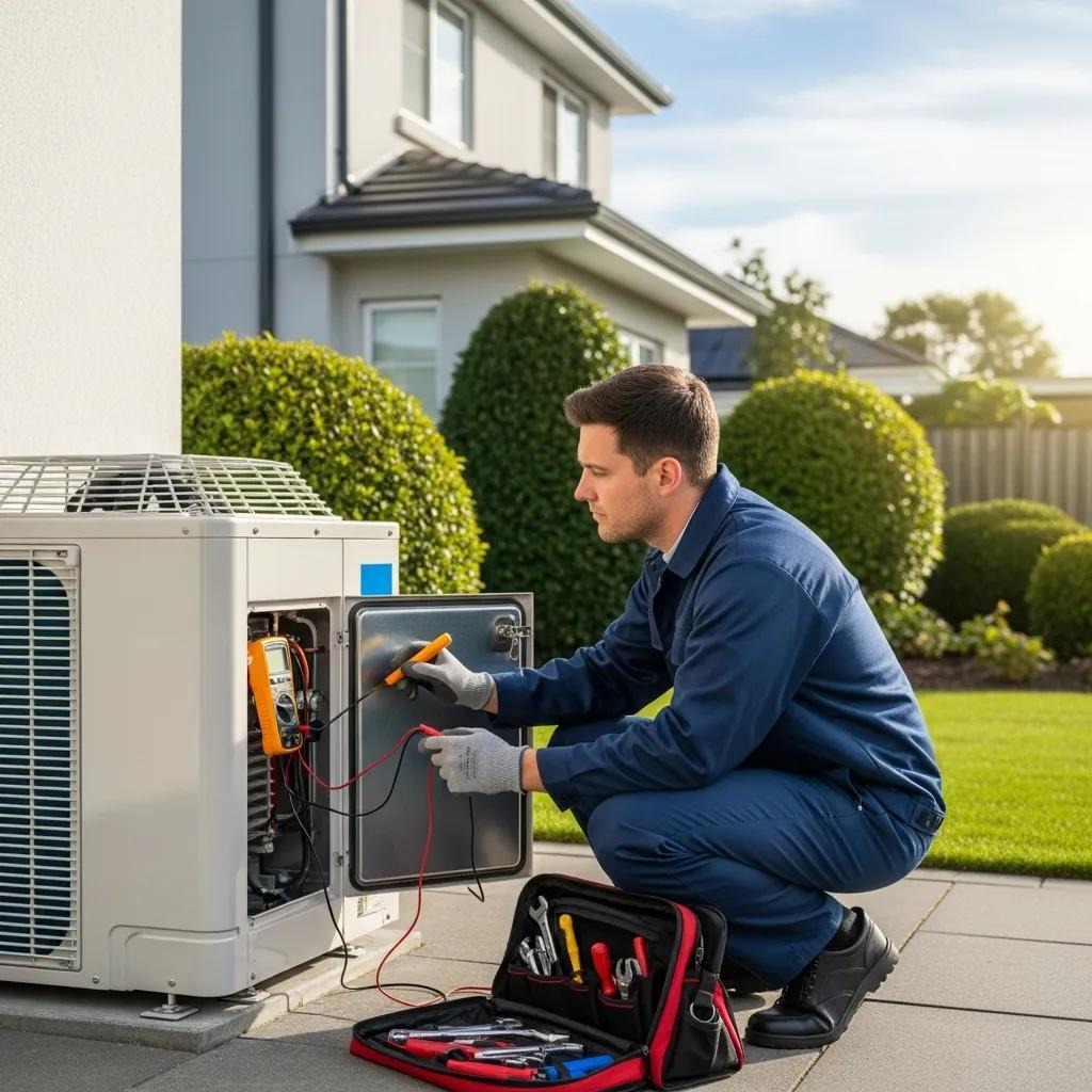 Technician inspecting a heat pump unit in a residential setting
