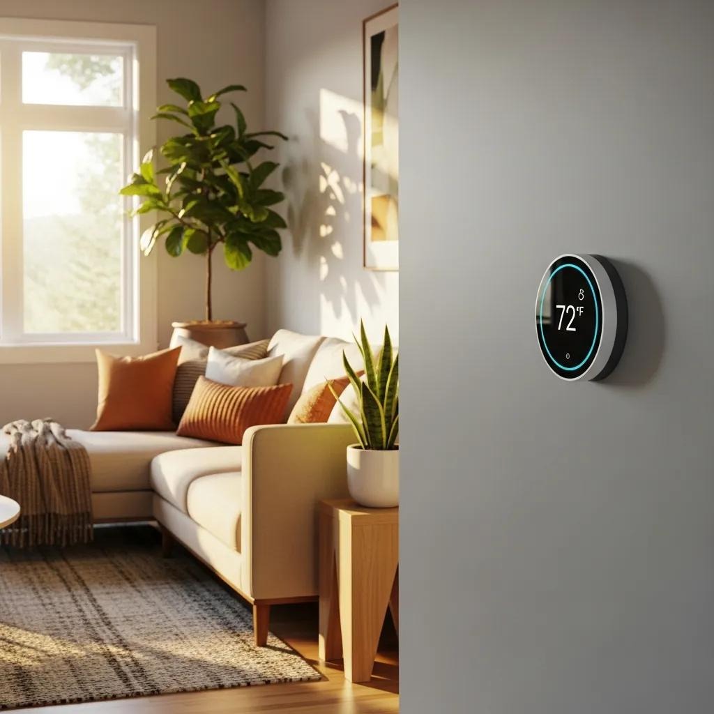Smart thermostat in a cozy living room, highlighting home automation and energy efficiency