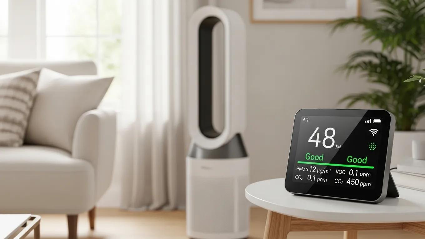 Smart air quality monitor in a modern home, showcasing real-time air quality data and integration with air purifiers