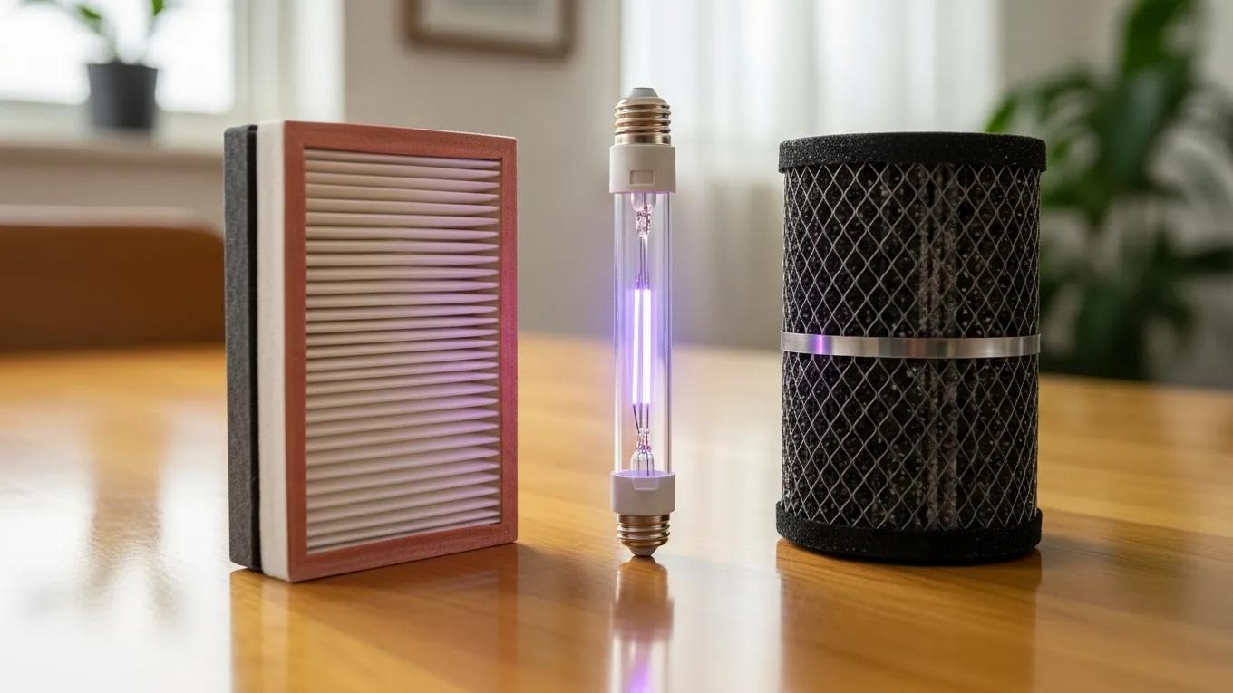 Different types of air filters including HEPA, UV, and activated carbon, highlighting advanced filtration technologies