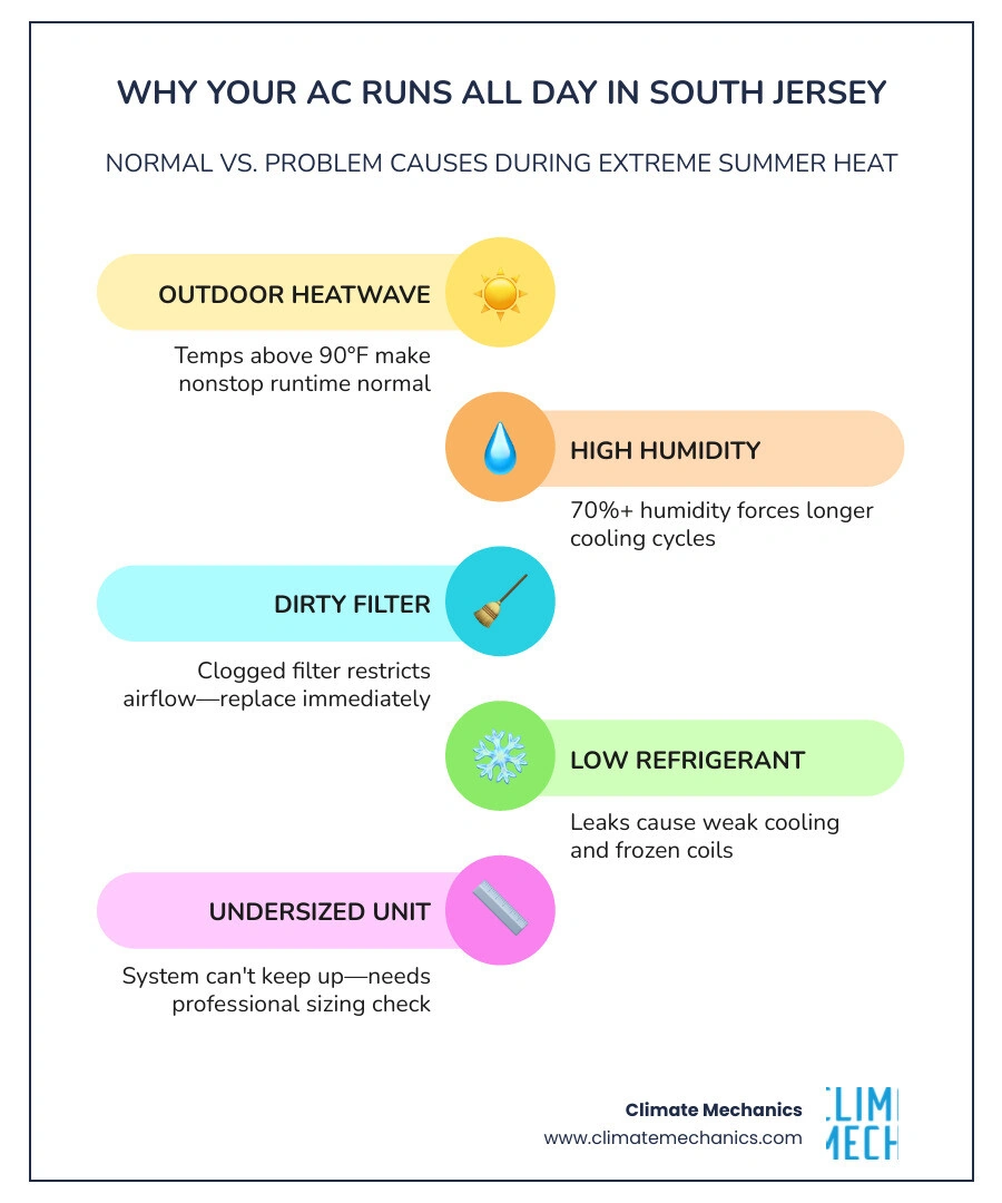 infographic showing 8 reasons an AC runs all day in a South Jersey summer with normal vs problem categories infographic infographic showing 8 reasons an AC runs all day in a South Jersey summer with normal vs problem categories infographic