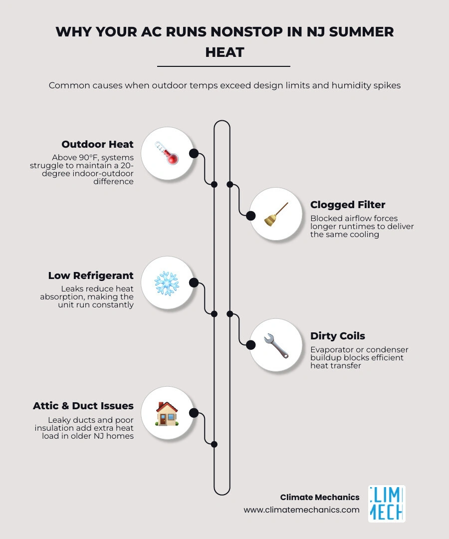 Infographic showing how rising outdoor temperatures affect AC runtime, cycling patterns, and cooling limits in New Jersey Infographic showing how rising outdoor temperatures affect AC runtime, cycling patterns, and cooling limits in New Jersey