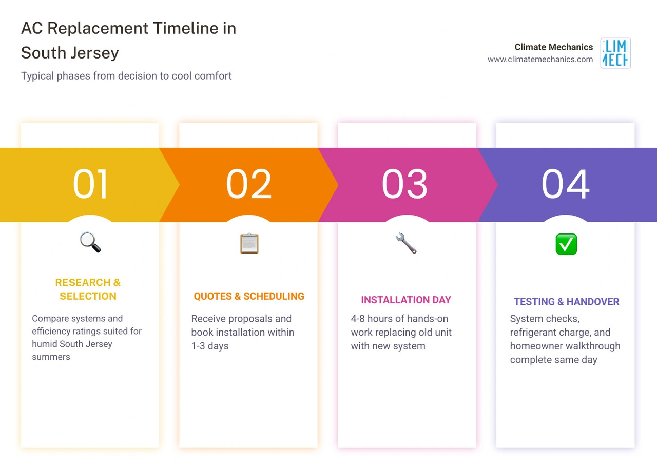 Infographic showing AC replacement timeline phases from research to installation day in South Jersey infographic Infographic showing AC replacement timeline phases from research to installation day in South Jersey infographic