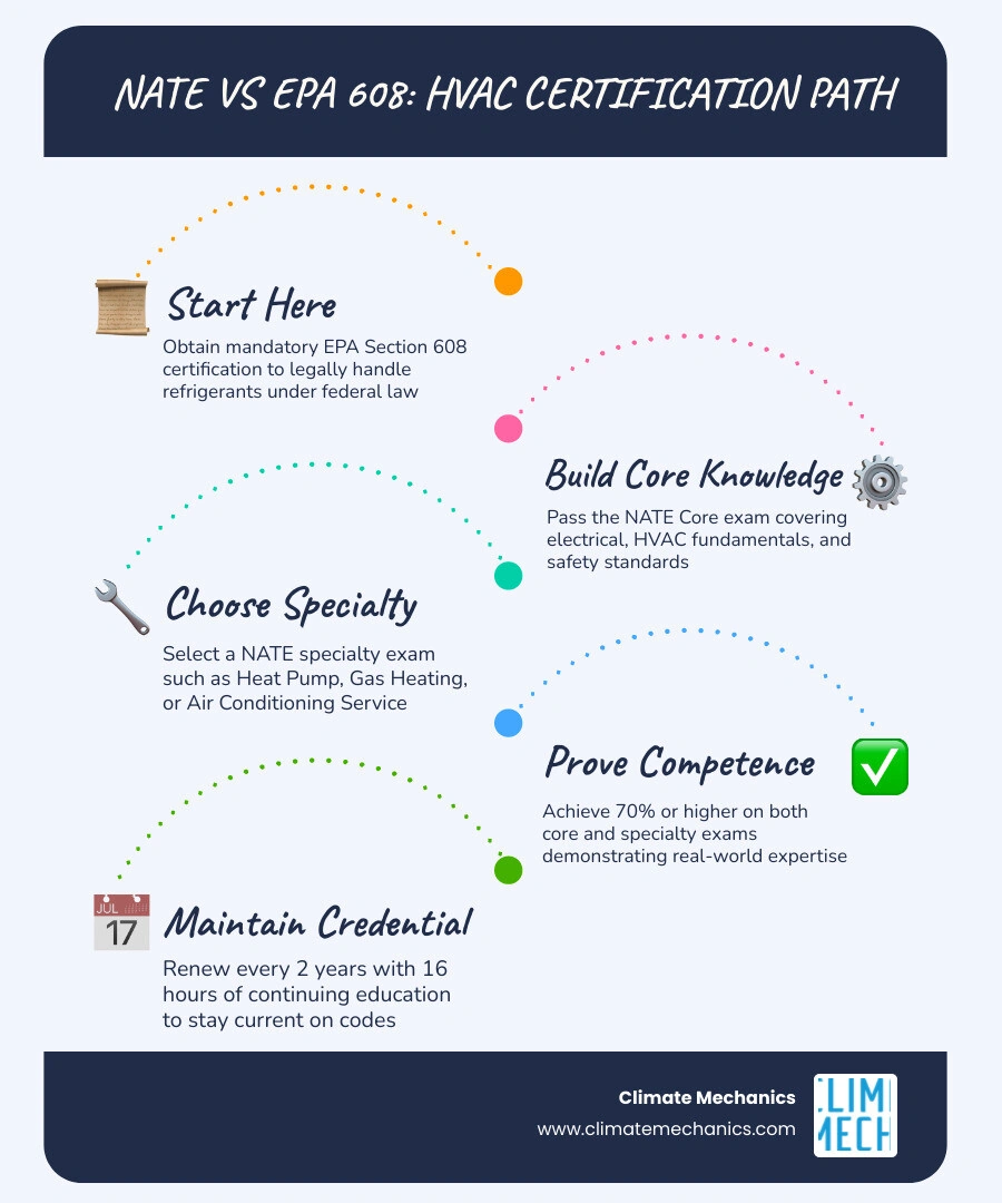 Infographic comparing NATE certification and EPA 608 requirements for HVAC technicians infographic