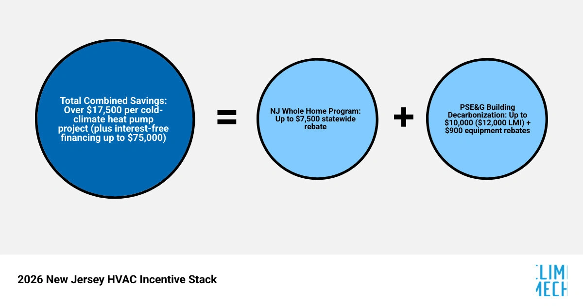 infographic showing New Jersey HVAC incentive stack layers: NJ Whole Home plus PSE&G Building Decarbonization plus equipment infographic showing New Jersey HVAC incentive stack layers: NJ Whole Home plus PSE&G Building Decarbonization plus equipment