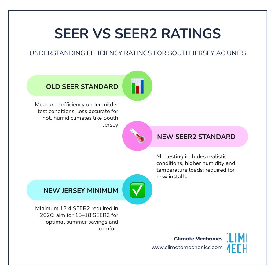 Infographic comparing SEER vs SEER2 ratings with efficiency tiers and South Jersey minimum requirements infographic