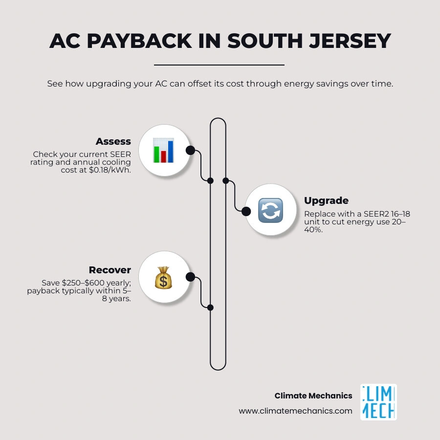Infographic showing South Jersey AC replacement payback: old vs new SEER ratings, annual savings estimates, rebate sources Infographic showing South Jersey AC replacement payback: old vs new SEER ratings, annual savings estimates, rebate sources