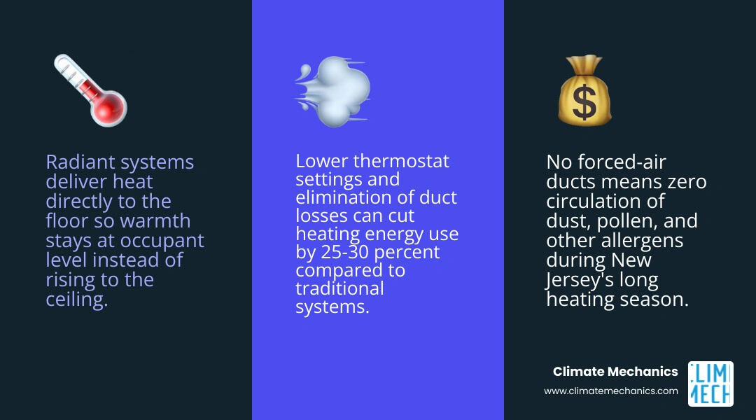 Infographic showing top benefits of radiant floor heating for New Jersey homeowners with icons for even heat, air quality