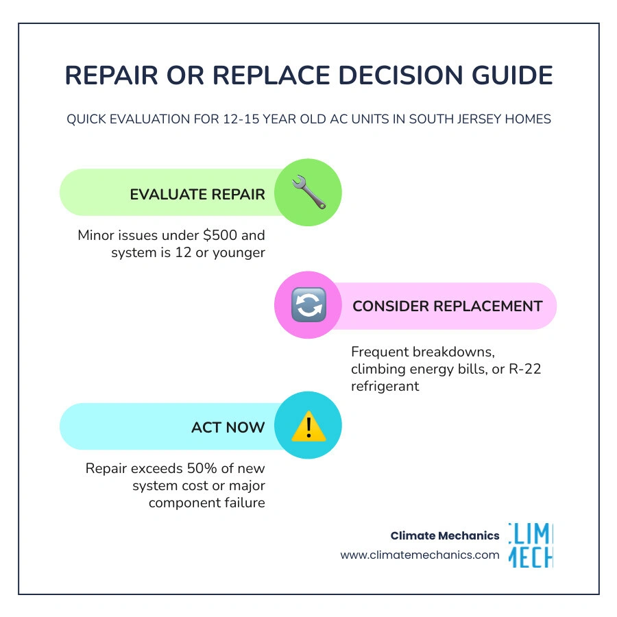 Infographic showing AC lifespan decision guide for South Jersey homeowners aged 12 to 15 years infographic