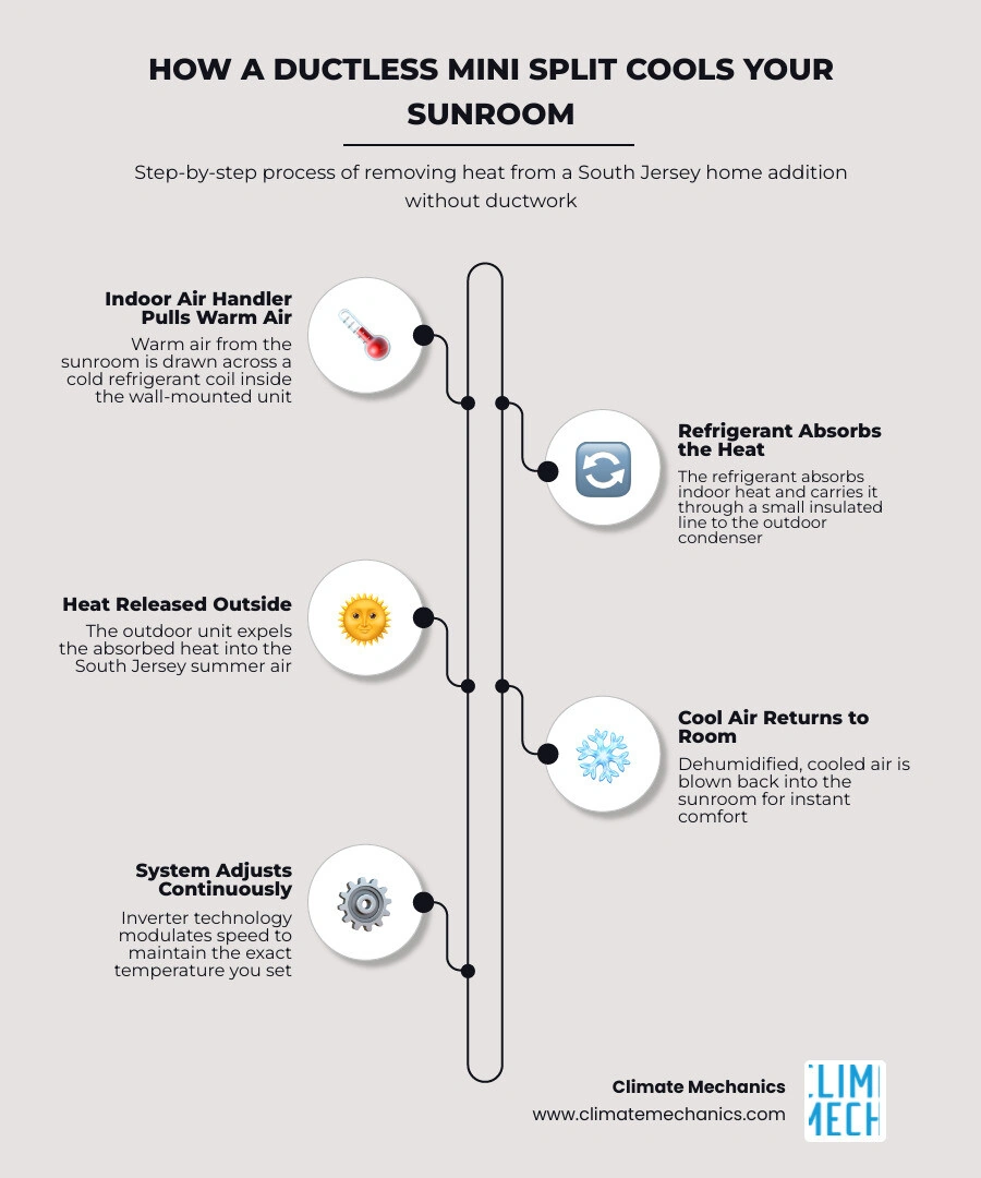 Infographic showing 5 steps of how a ductless mini split cools a sunroom or home addition infographic