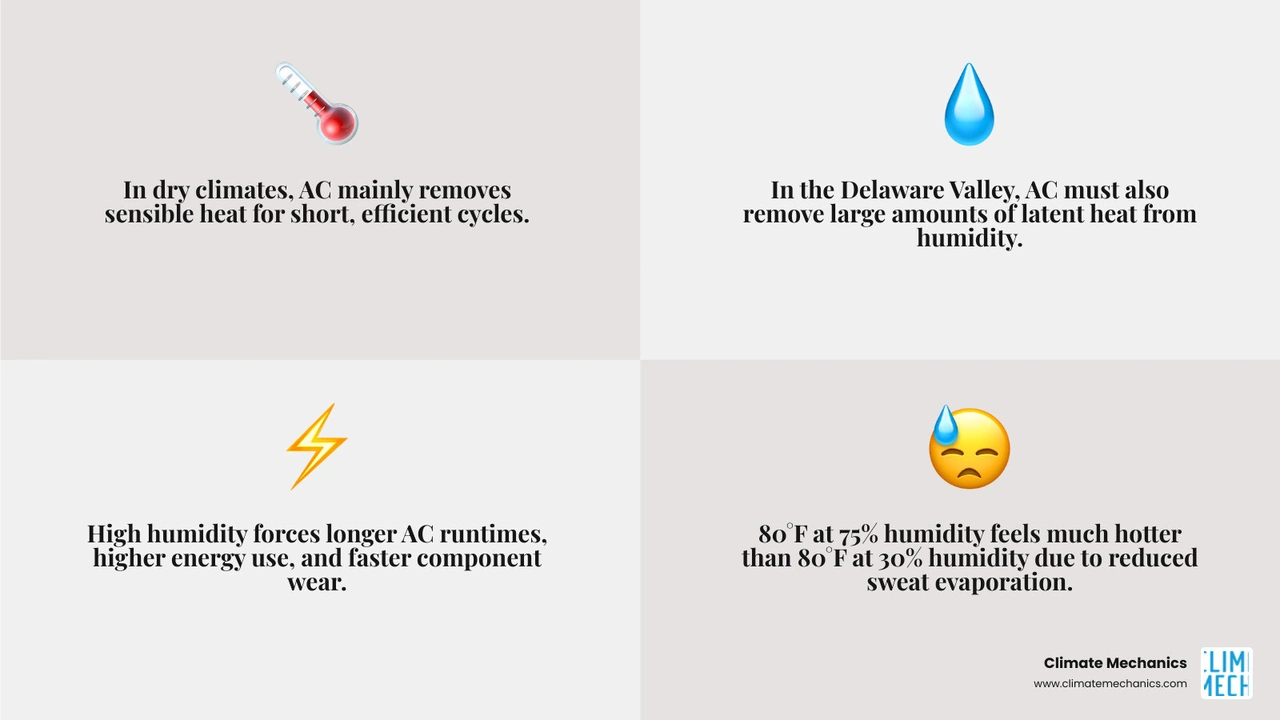Infographic comparing AC cooling load in dry vs humid climates: latent heat, sensible heat, energy use, and humidity impact Infographic comparing AC cooling load in dry vs humid climates: latent heat, sensible heat, energy use, and humidity impact