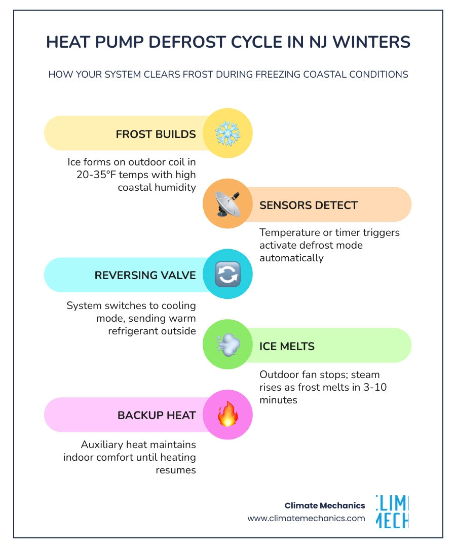 Heat pump defrost cycle steps infographic showing frost buildup sensor detection reversing valve steam and backup heat Heat pump defrost cycle steps infographic showing frost buildup sensor detection reversing valve steam and backup heat